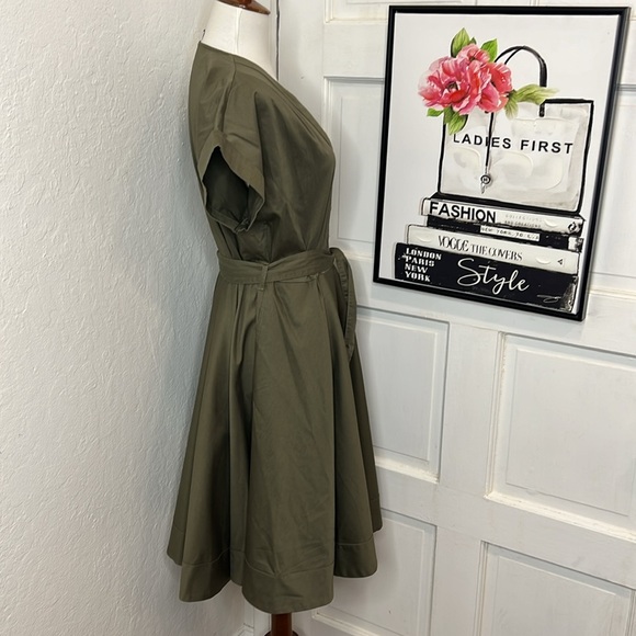 Iris & Ink Olive Green Belted Midi Dress Size 12 - Picture 2 of 8